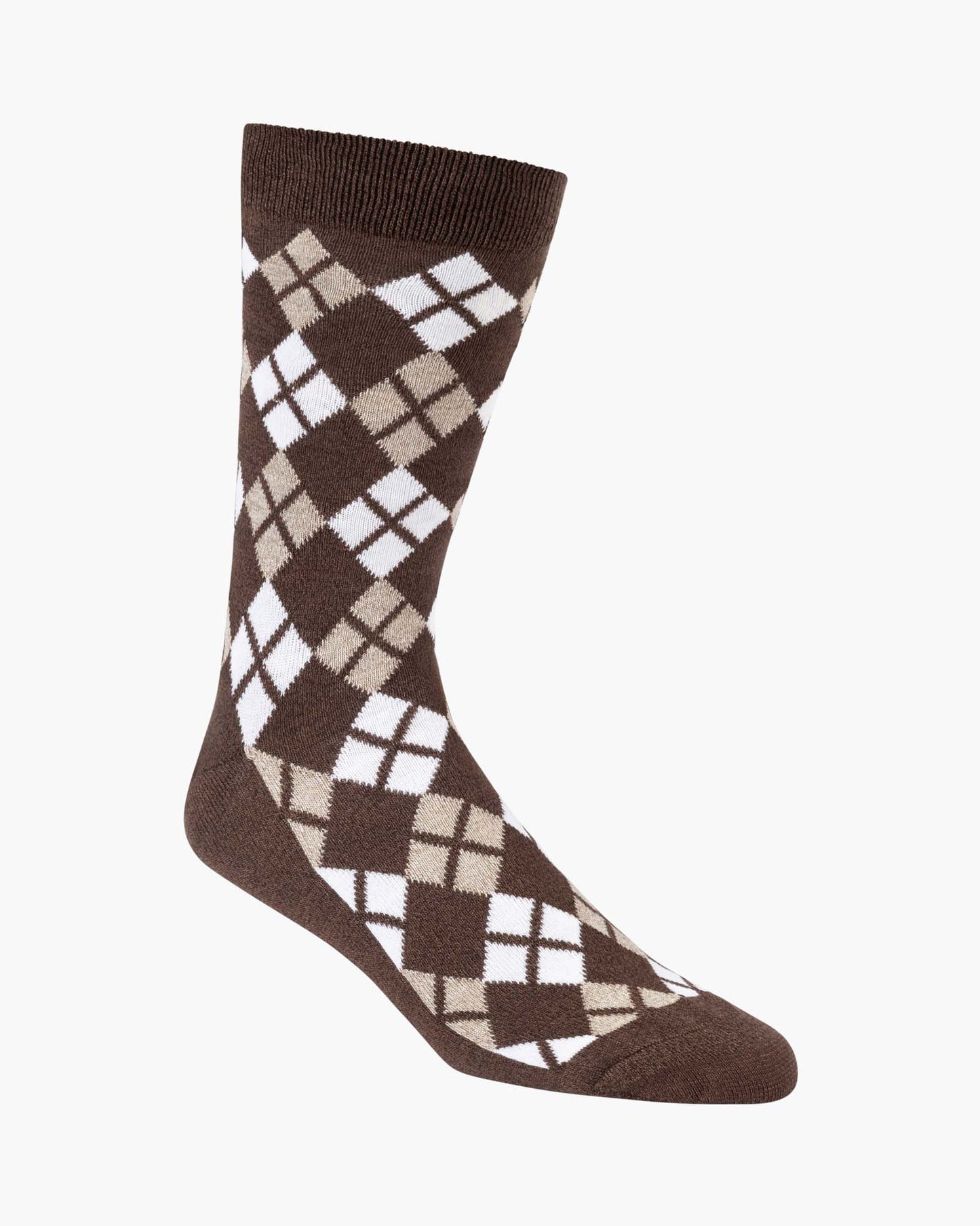 Brown socks with brown and white argyle pattern