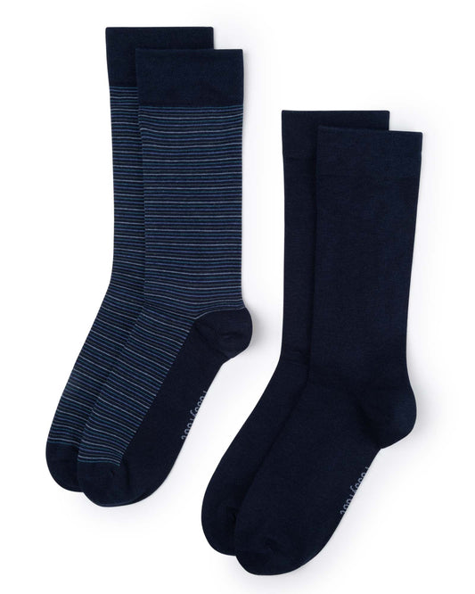 Two pairs of socks one striped and one plain sock in navy