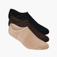 Three pairs of socks in black, brown, and beige no show socks