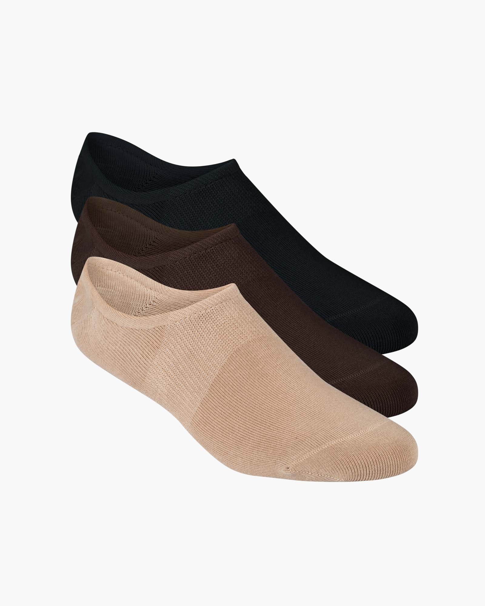 Three pairs of socks in black, brown, and beige no show socks