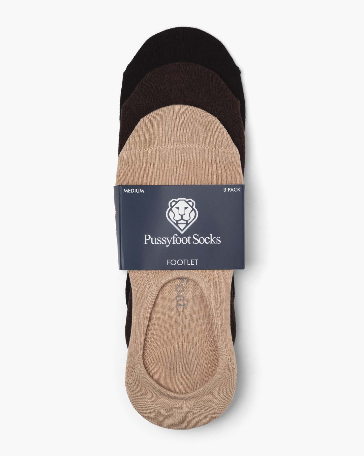 Three pairs of socks in black, brown, and beige no show socks