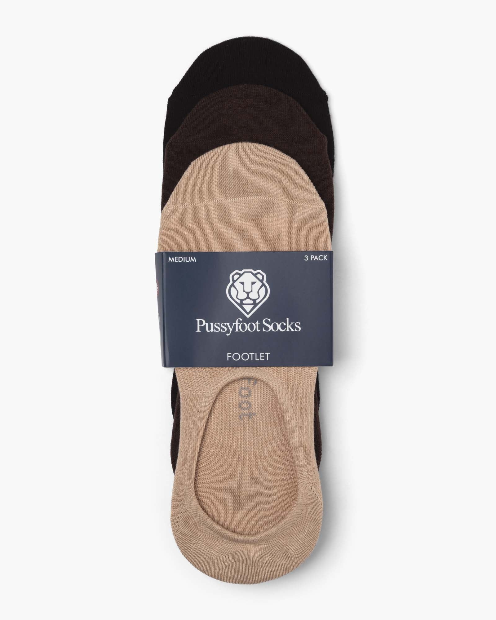 Three pairs of socks in black, brown, and beige no show socks