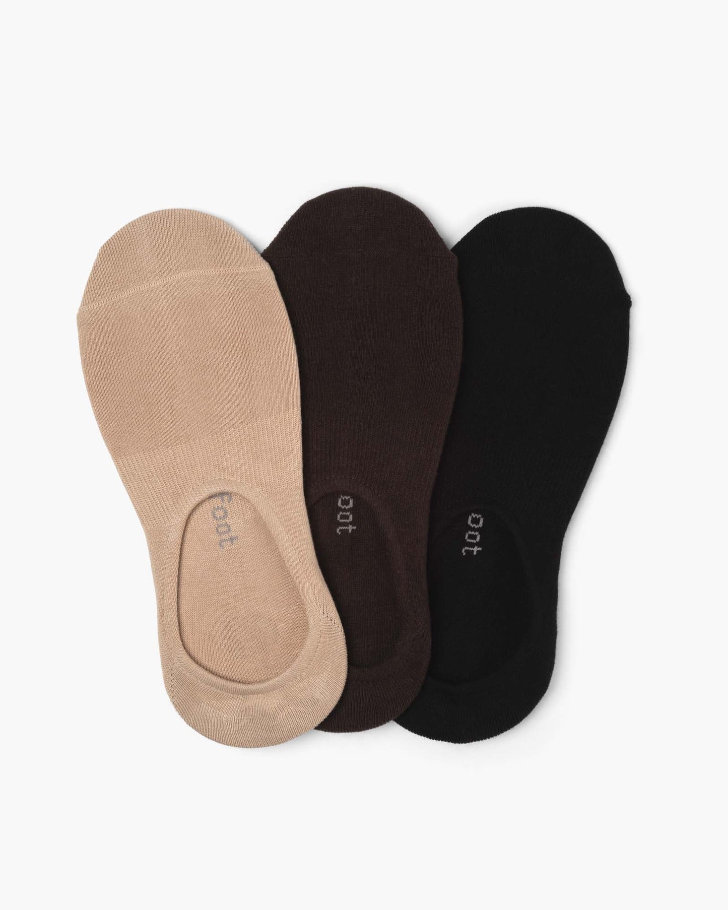 Three pairs of socks in black, brown, and beige no show socks