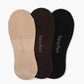 Three pairs of socks in black, brown, and beige no show socks
