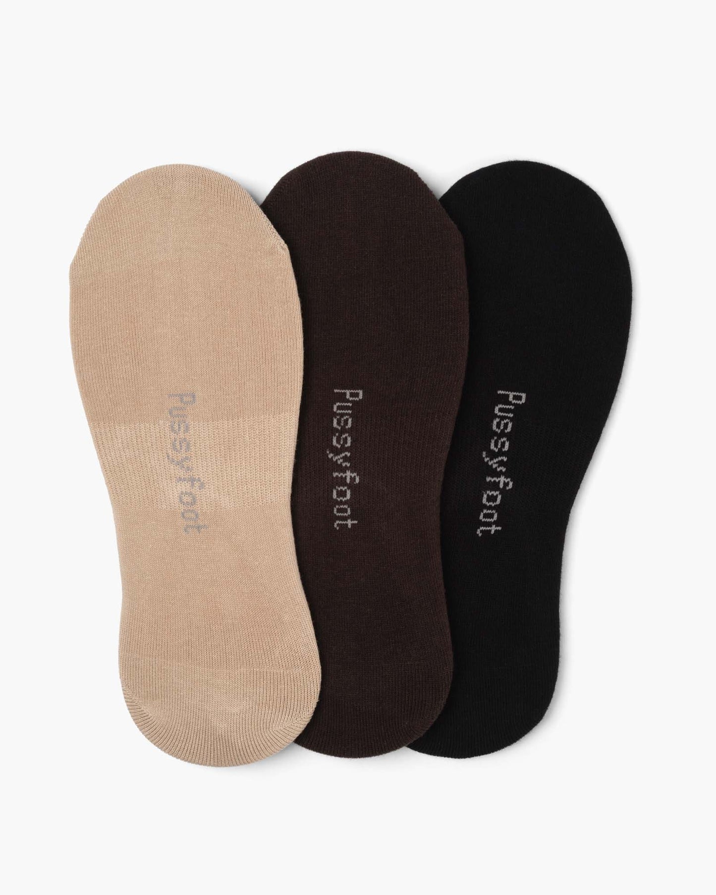 Three pairs of socks in black, brown, and beige no show socks