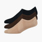 Three pairs of socks in black, brown, and beige no show socks