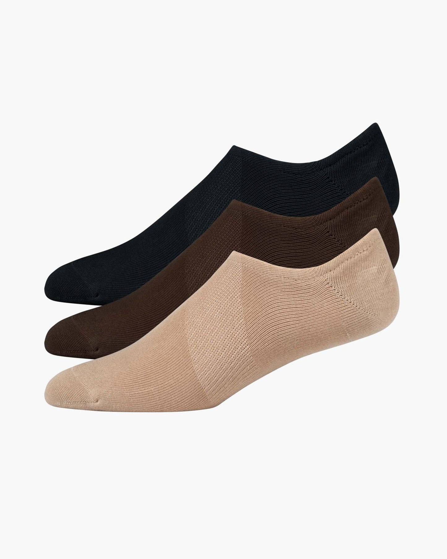 Three pairs of socks in black, brown, and beige no show socks