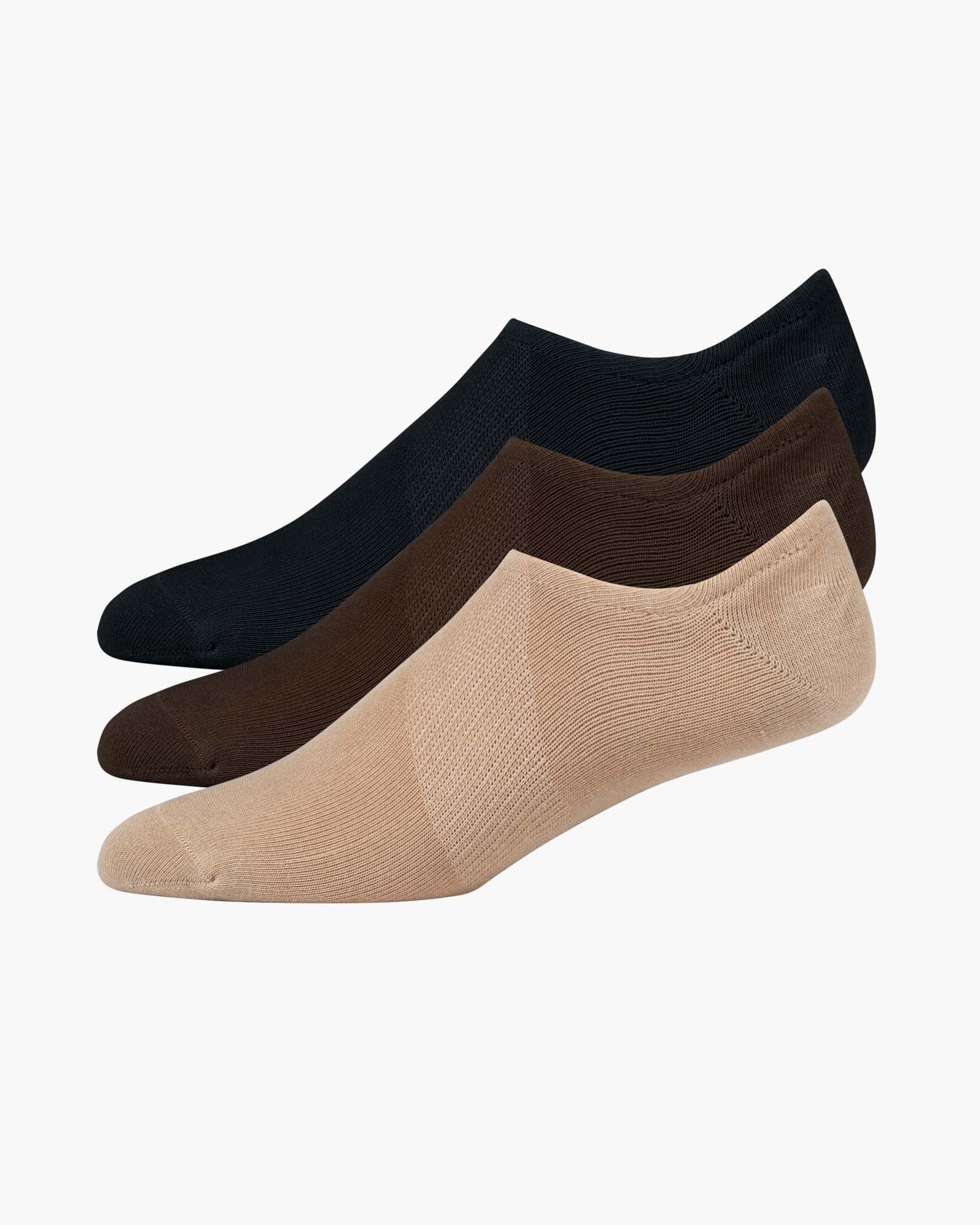 Three pairs of socks in black, brown, and beige no show socks