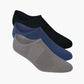 Three pairs of socks in black, blue, and grey no show socks