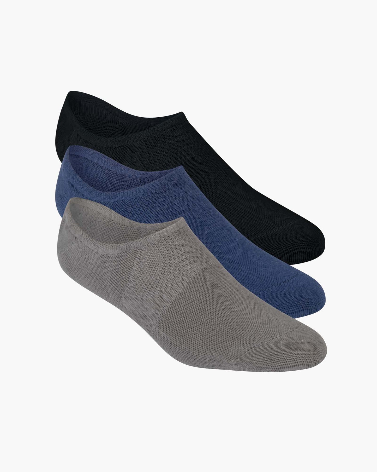 Three pairs of socks in black, blue, and grey no show socks