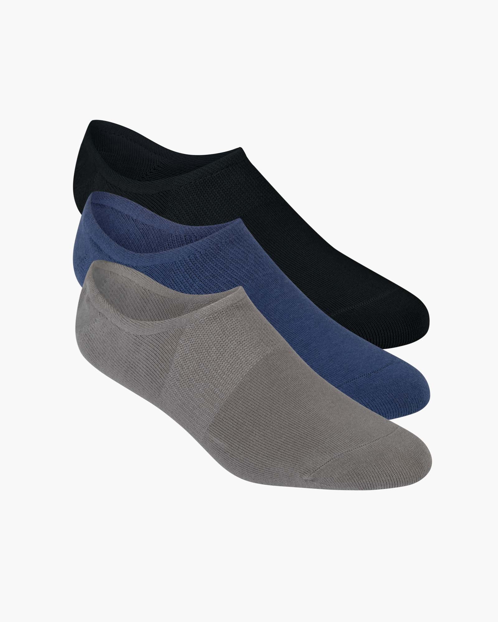 Three pairs of socks in black, blue, and grey no show socks