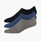 Three pairs of socks in black, blue, and grey no show socks