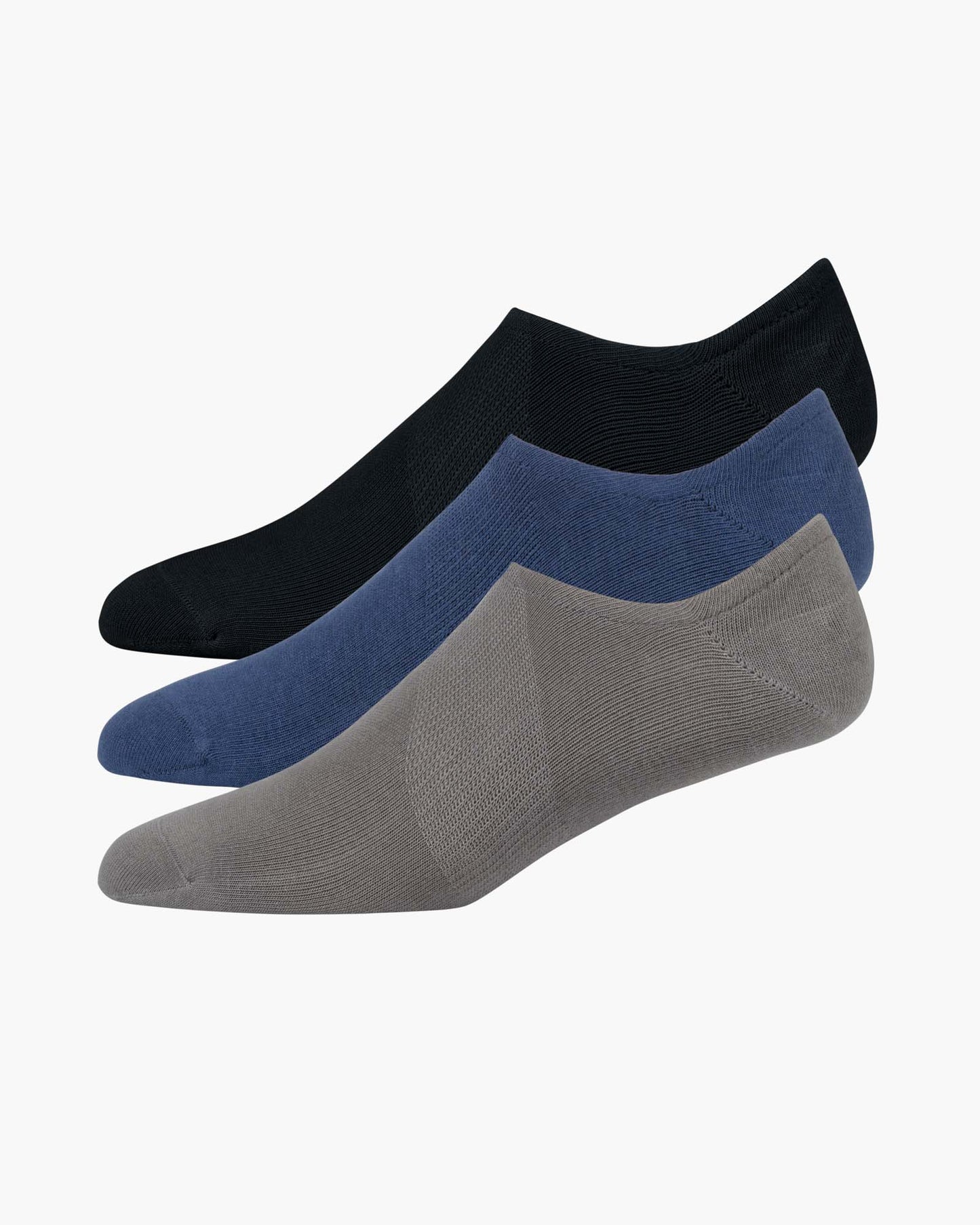 Three pairs of socks in black, blue, and grey no show socks