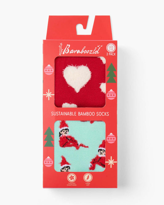 WOMENS 2PK FLUFFY XMAS ELF & HEARTS HANGING GIFT BOX