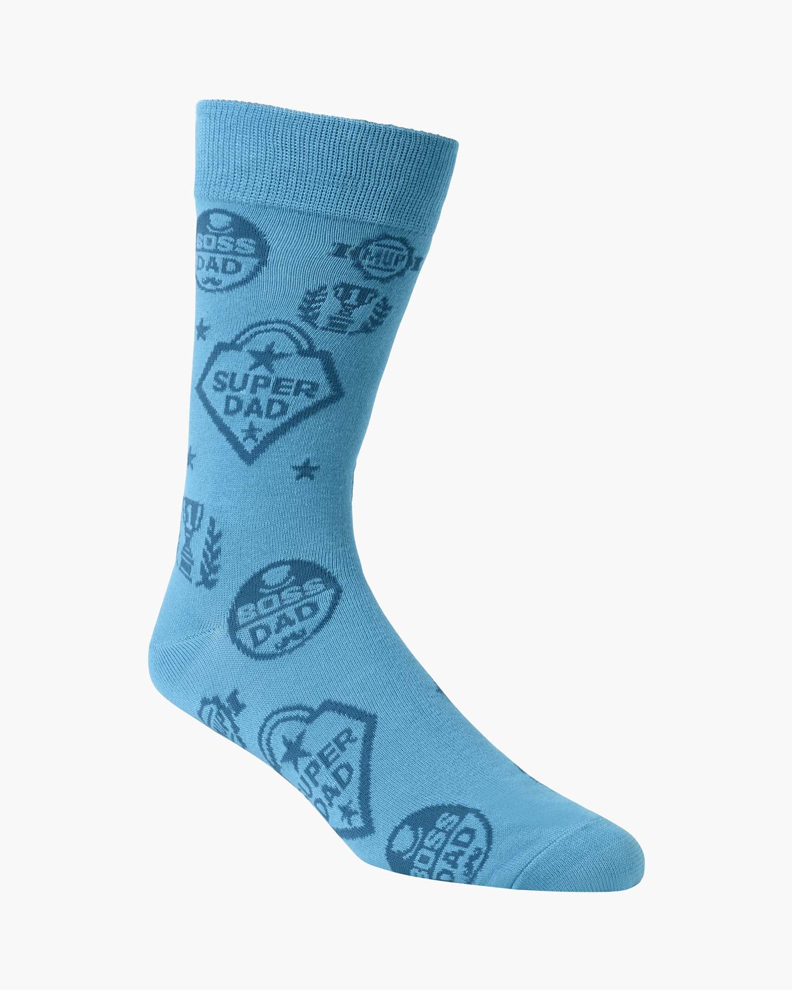 Light blue crew sock with 'SUPER DAD', motifs 
