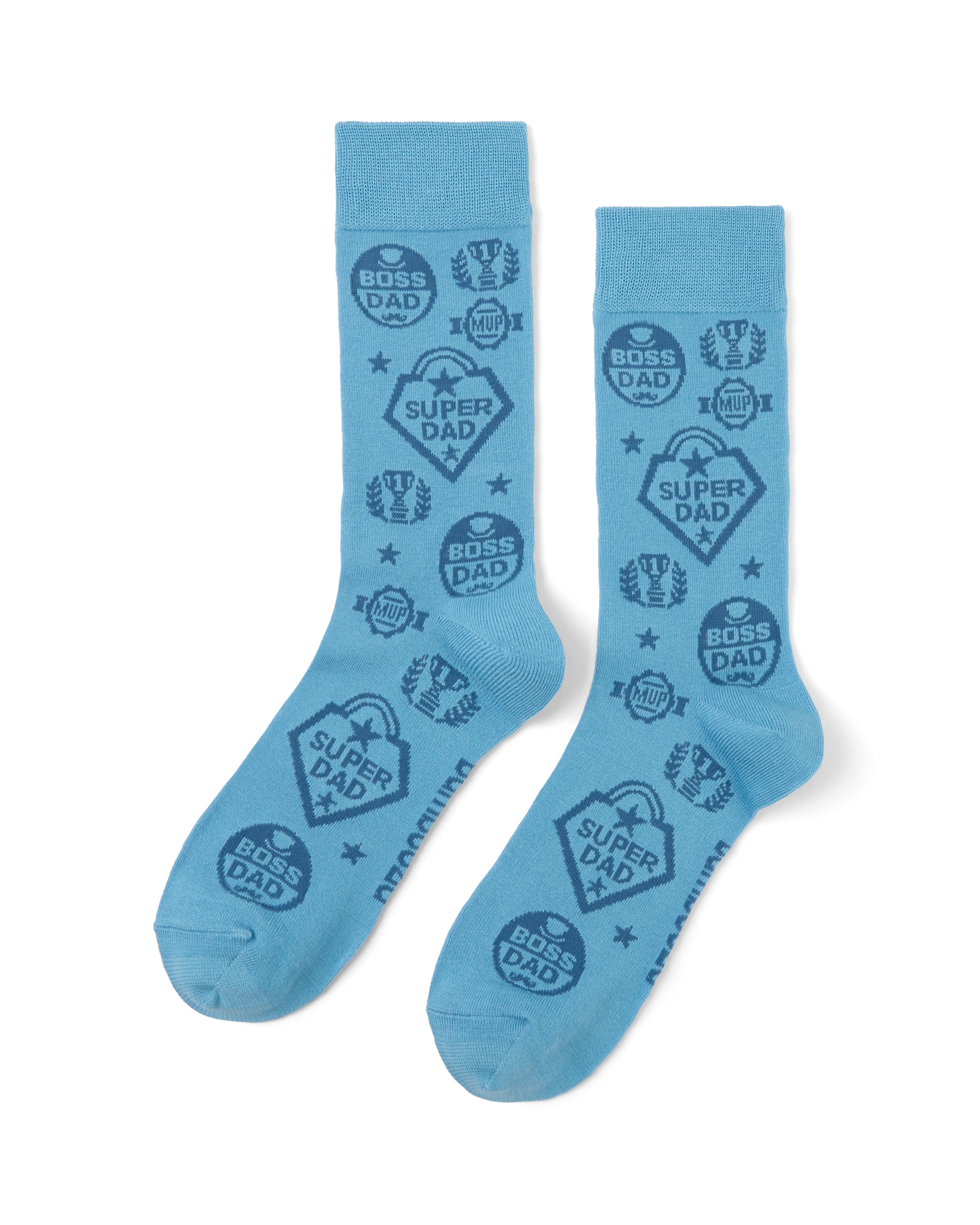 Light blue crew sock with 'SUPER DAD', motifs 