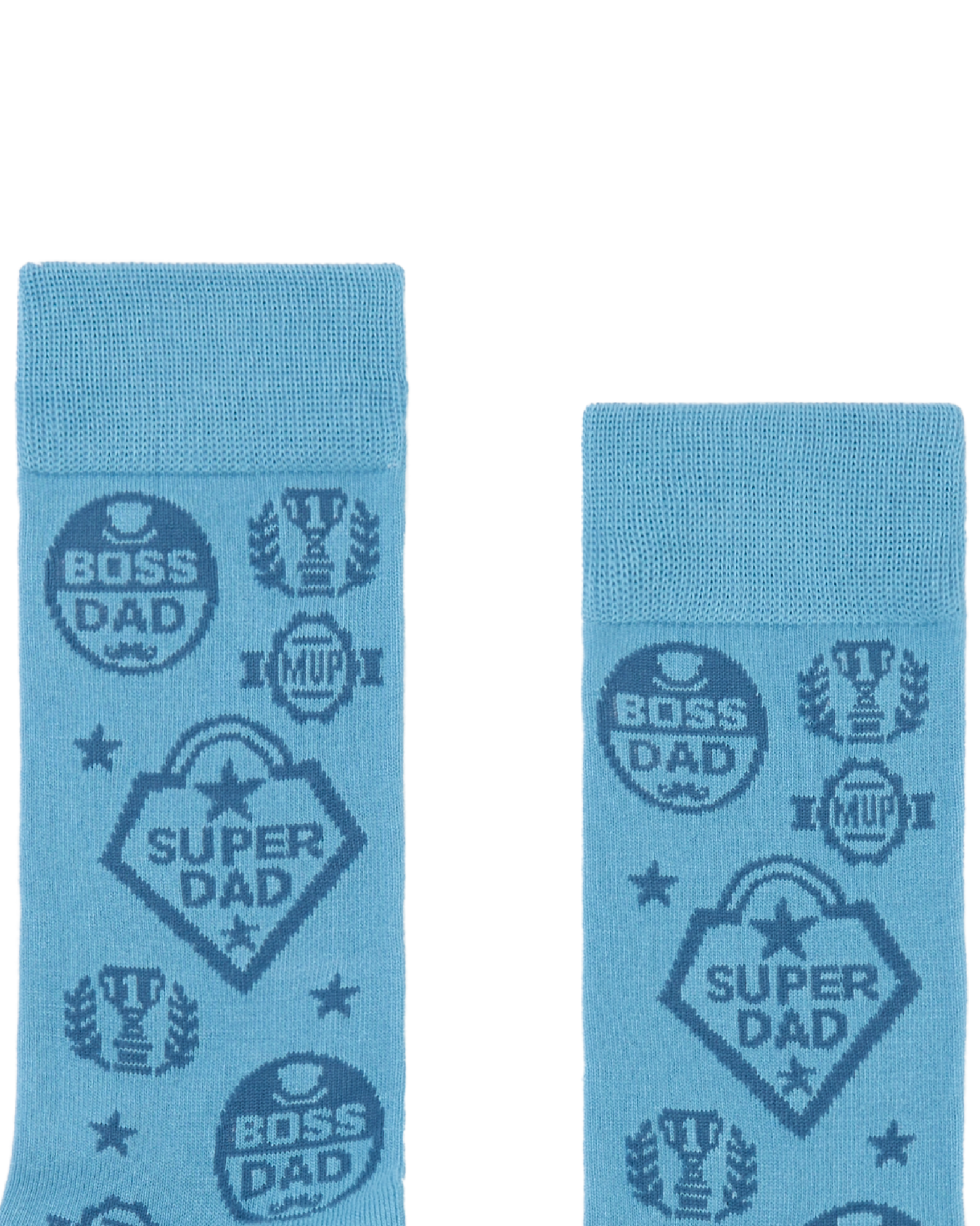 Light blue crew sock with 'SUPER DAD', motifs 