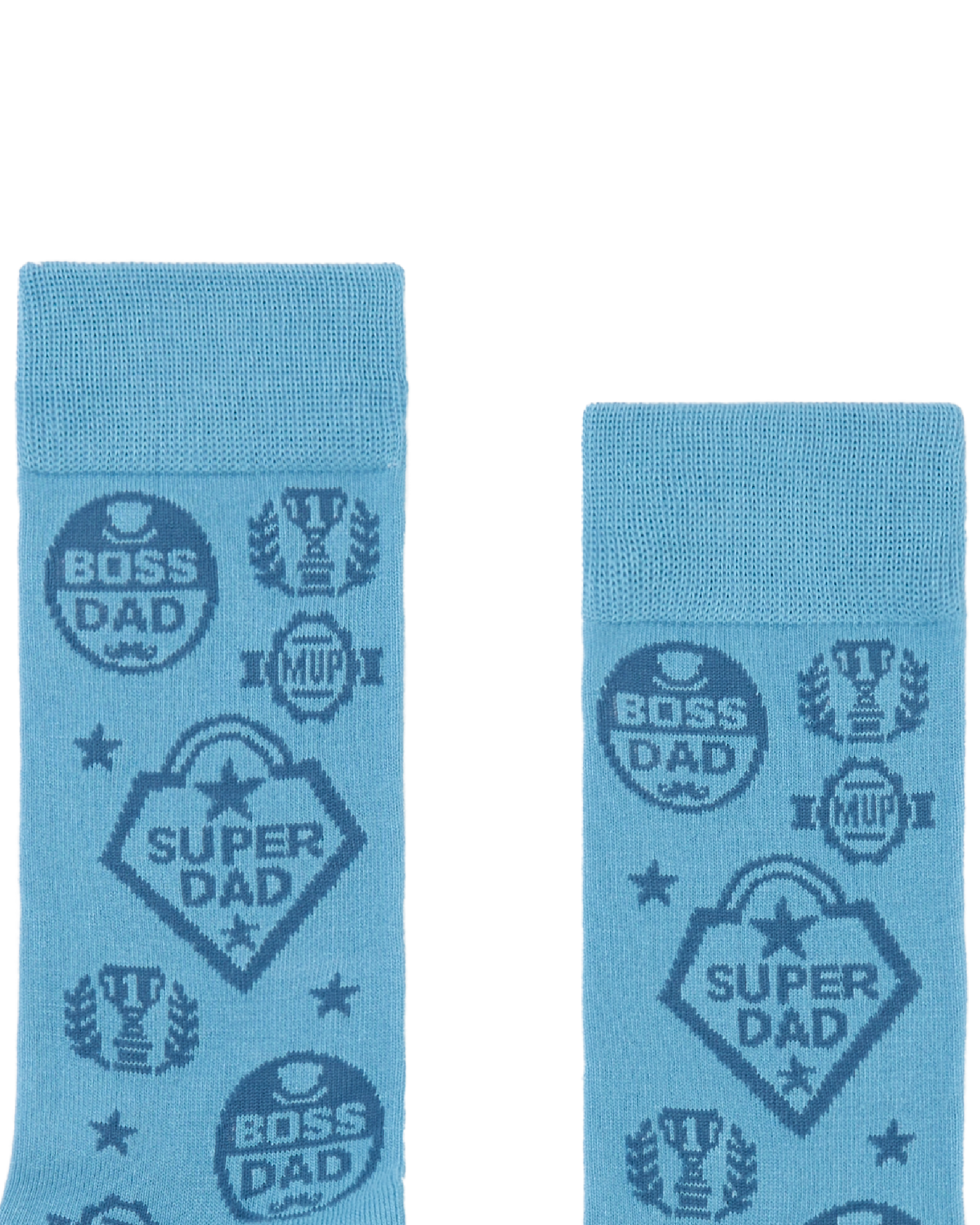 Light blue crew sock with 'SUPER DAD', motifs 