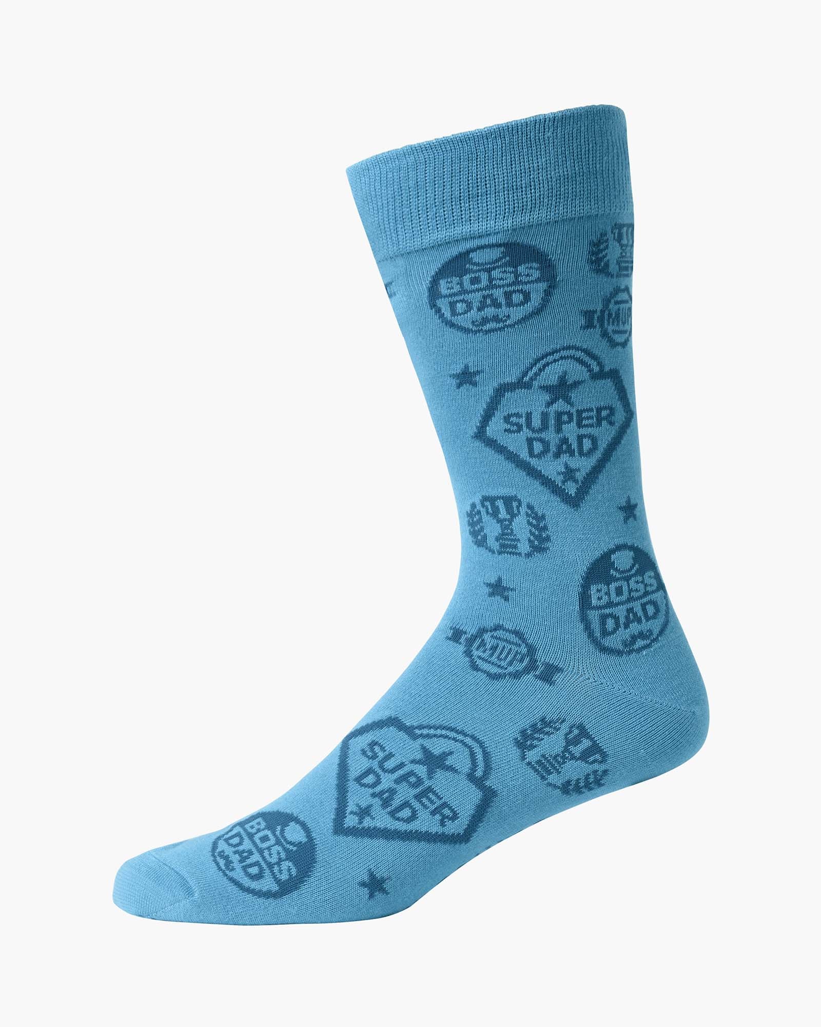 Light blue crew sock with 'SUPER DAD', motifs 