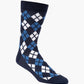Navy blue sock with a blue and white argyle pattern 