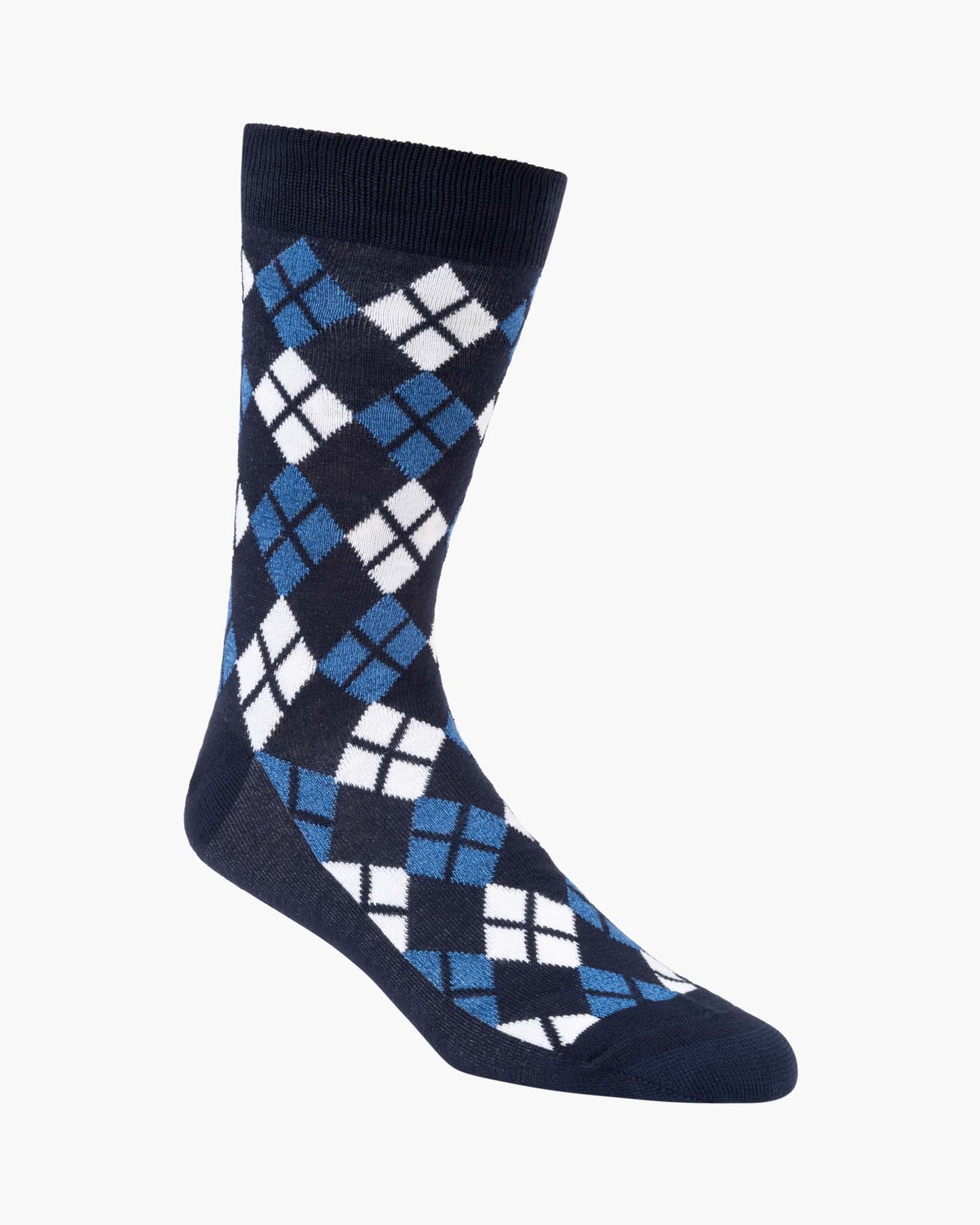 Navy blue sock with a blue and white argyle pattern 