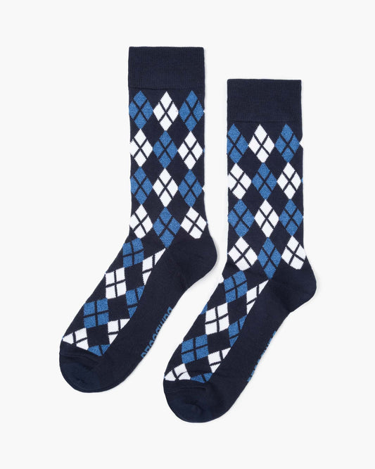 Navy blue sock with a blue and white argyle pattern