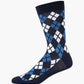 Navy blue sock with a blue and white argyle pattern 