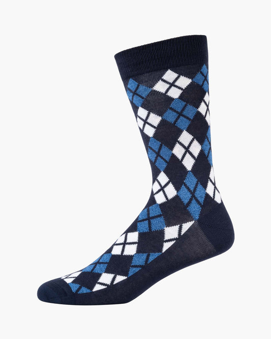 Navy blue sock with a blue and white argyle pattern 