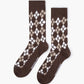Brown socks with brown and white argyle pattern
