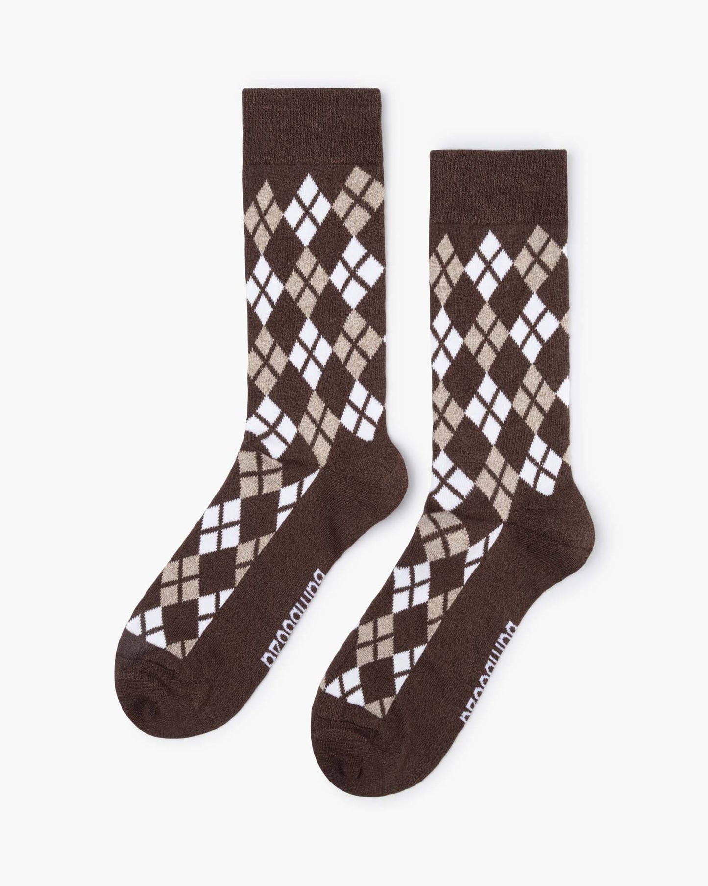 Brown socks with brown and white argyle pattern