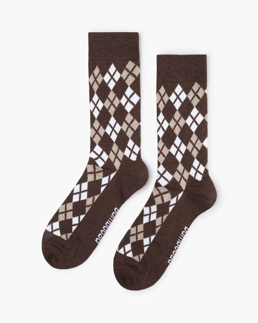 Brown socks with brown and white argyle pattern