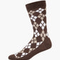 Brown socks with brown and white argyle pattern