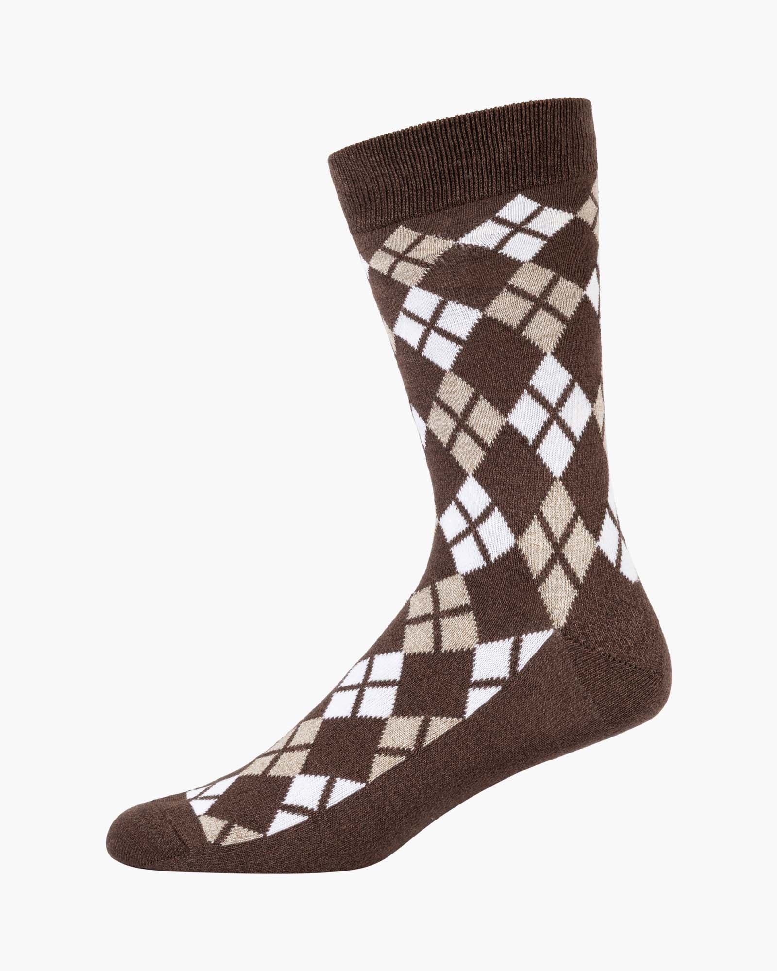 Brown socks with brown and white argyle pattern