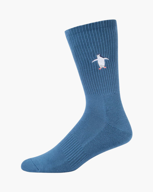 denim sports sock with a penguin design