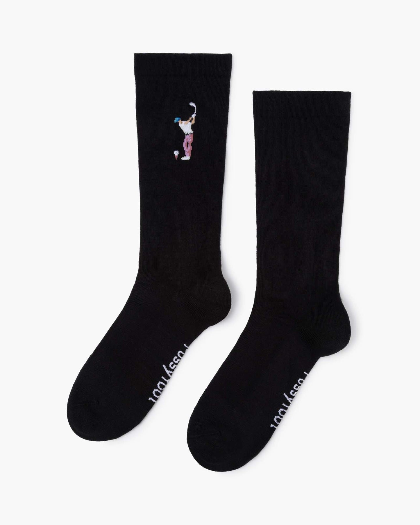 black sock with a golf-themed design