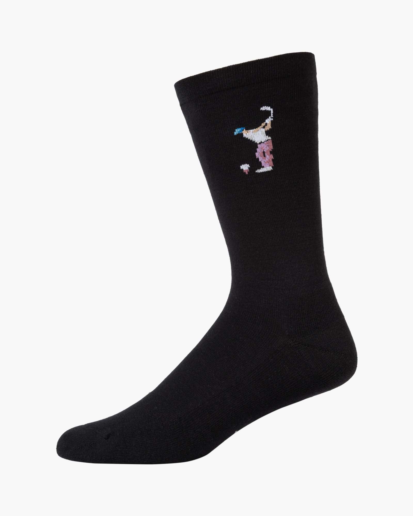 black sock with a golf-themed design