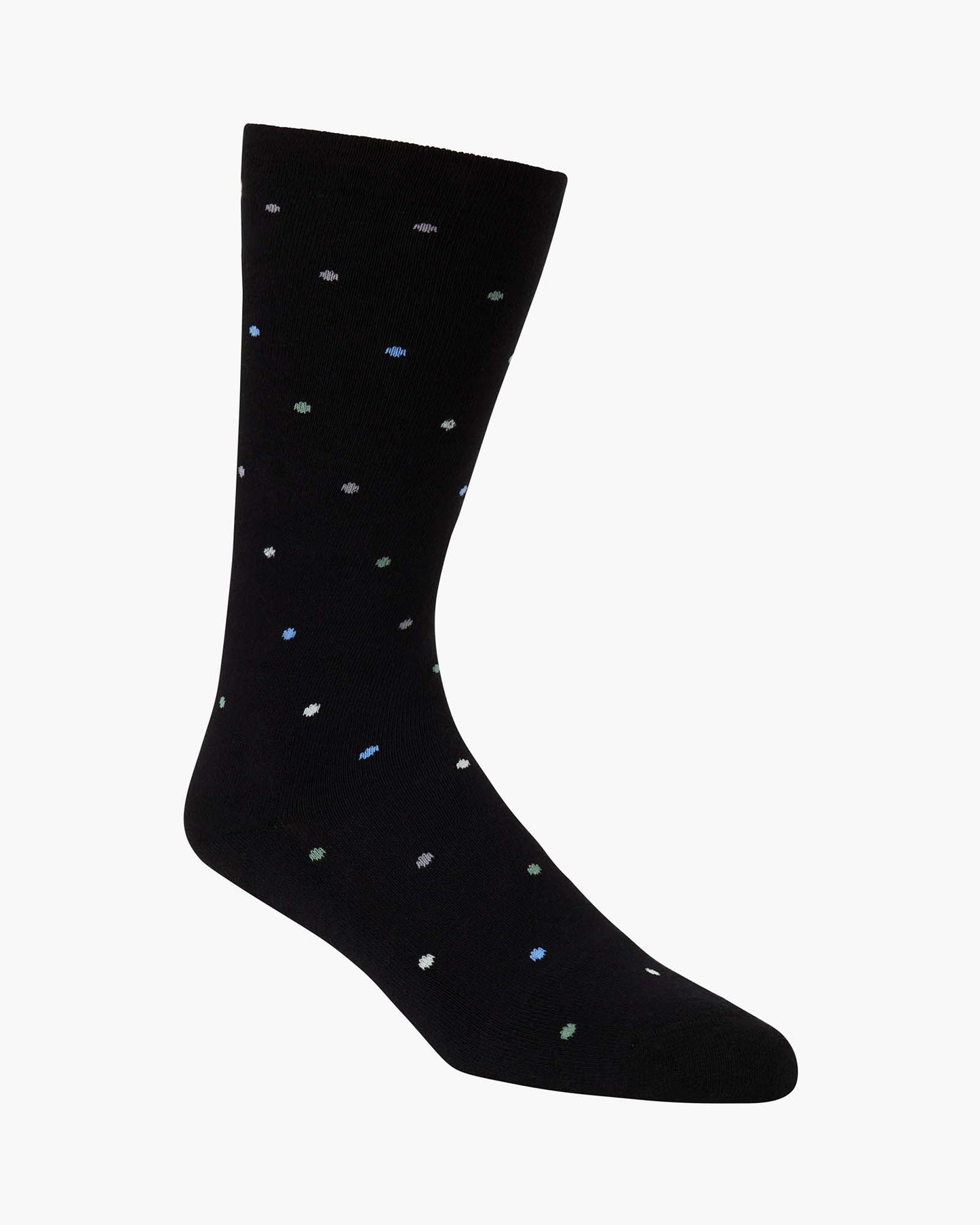 black crew sock with a pattern of small multicolored polka dots