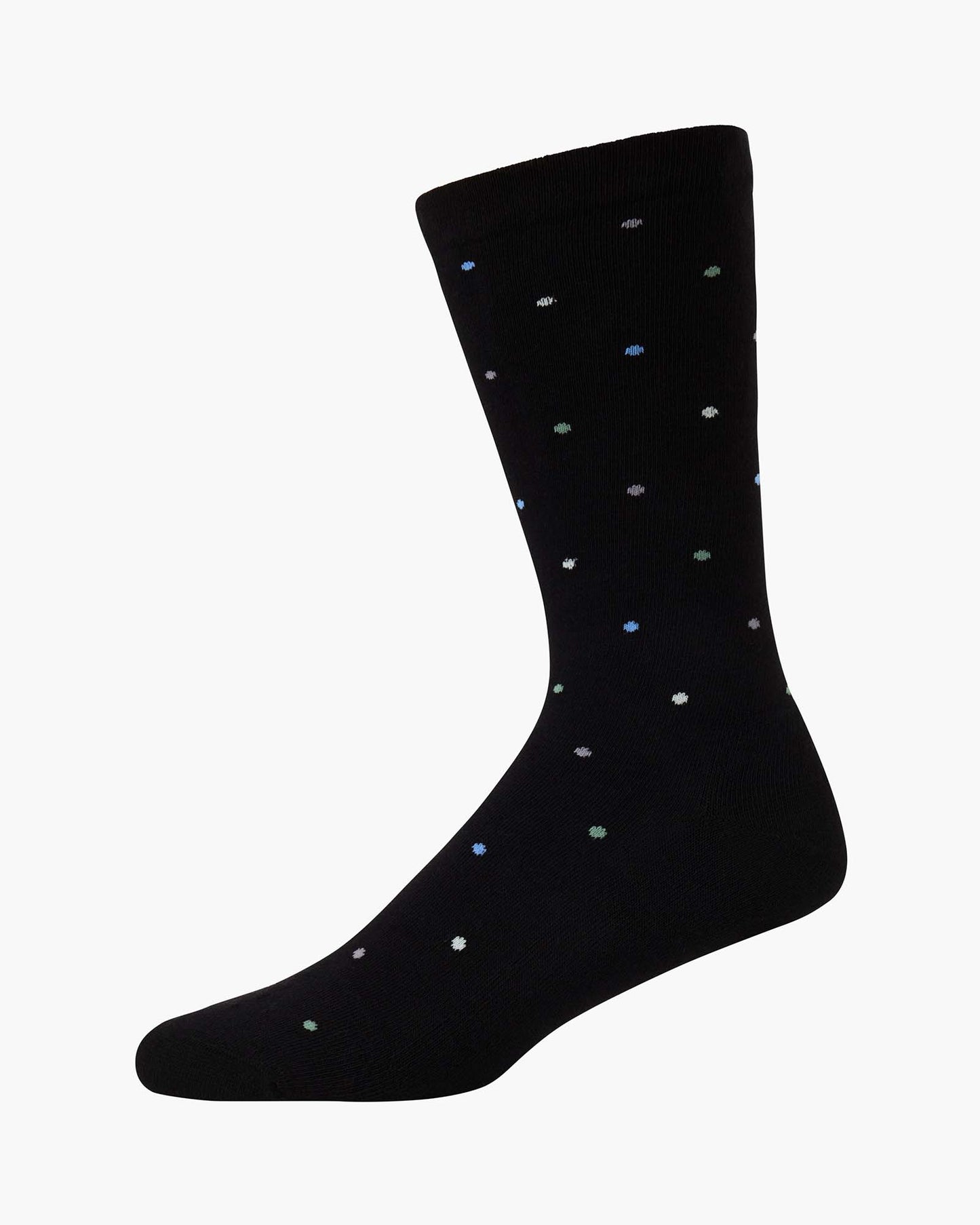 black crew sock with a pattern of small multicolored polka dots