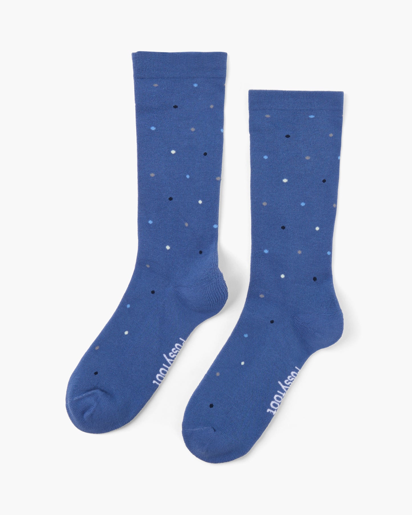 blue crew sock with a scattered polka dot pattern in black, white, and light blue