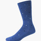 blue crew sock with a scattered polka dot pattern in black, white, and light blue