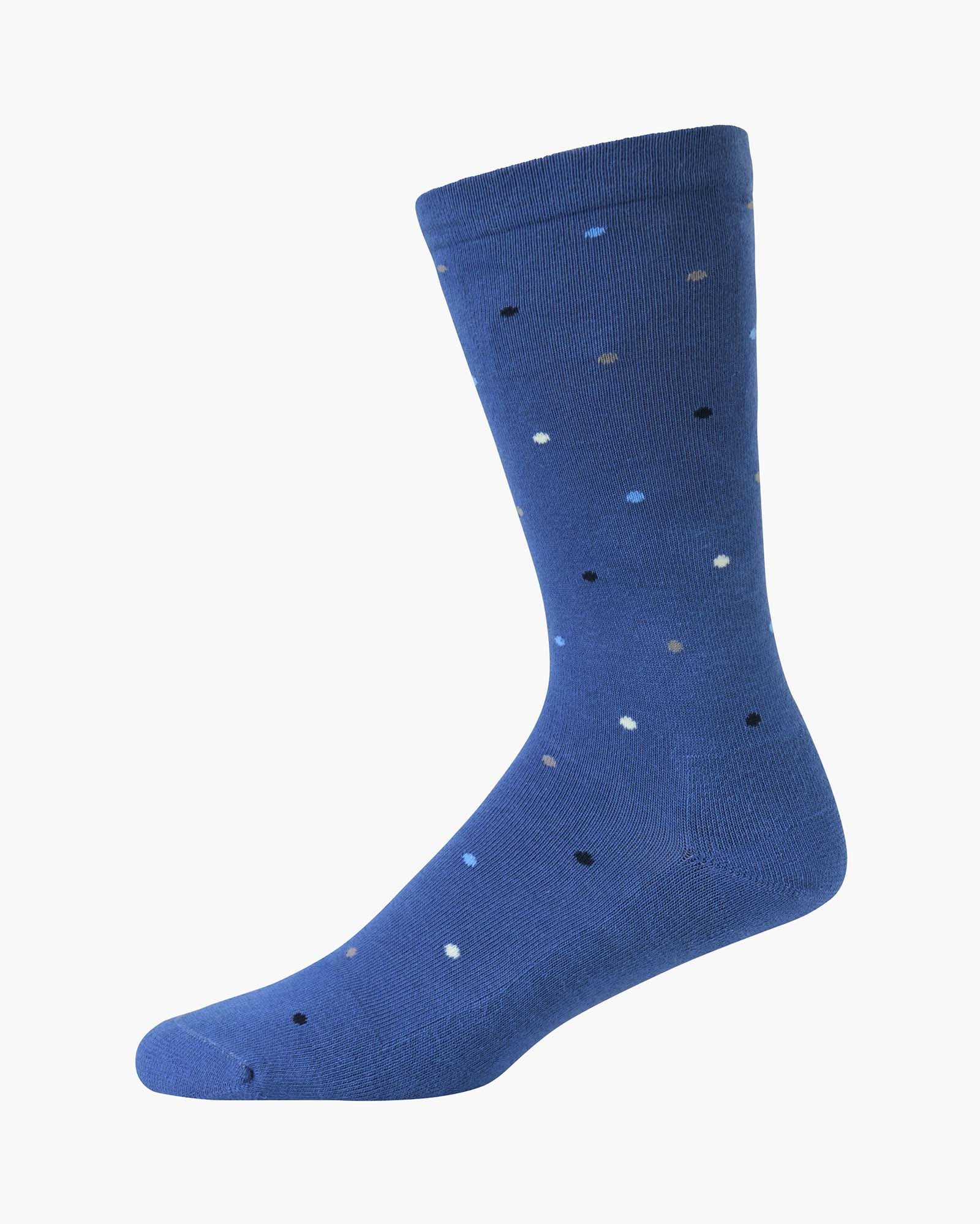 blue crew sock with a scattered polka dot pattern in black, white, and light blue