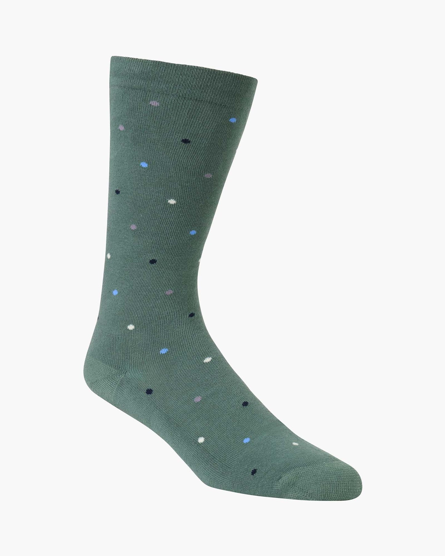 green crew sock with a scattered pattern of small polka dots in white, light blue, and black