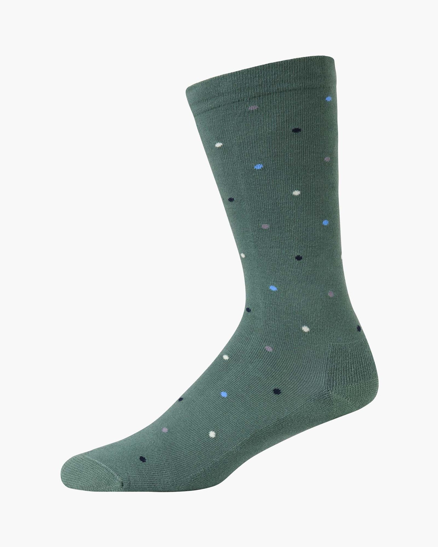 green crew sock with a scattered pattern of small polka dots in white, light blue, and black