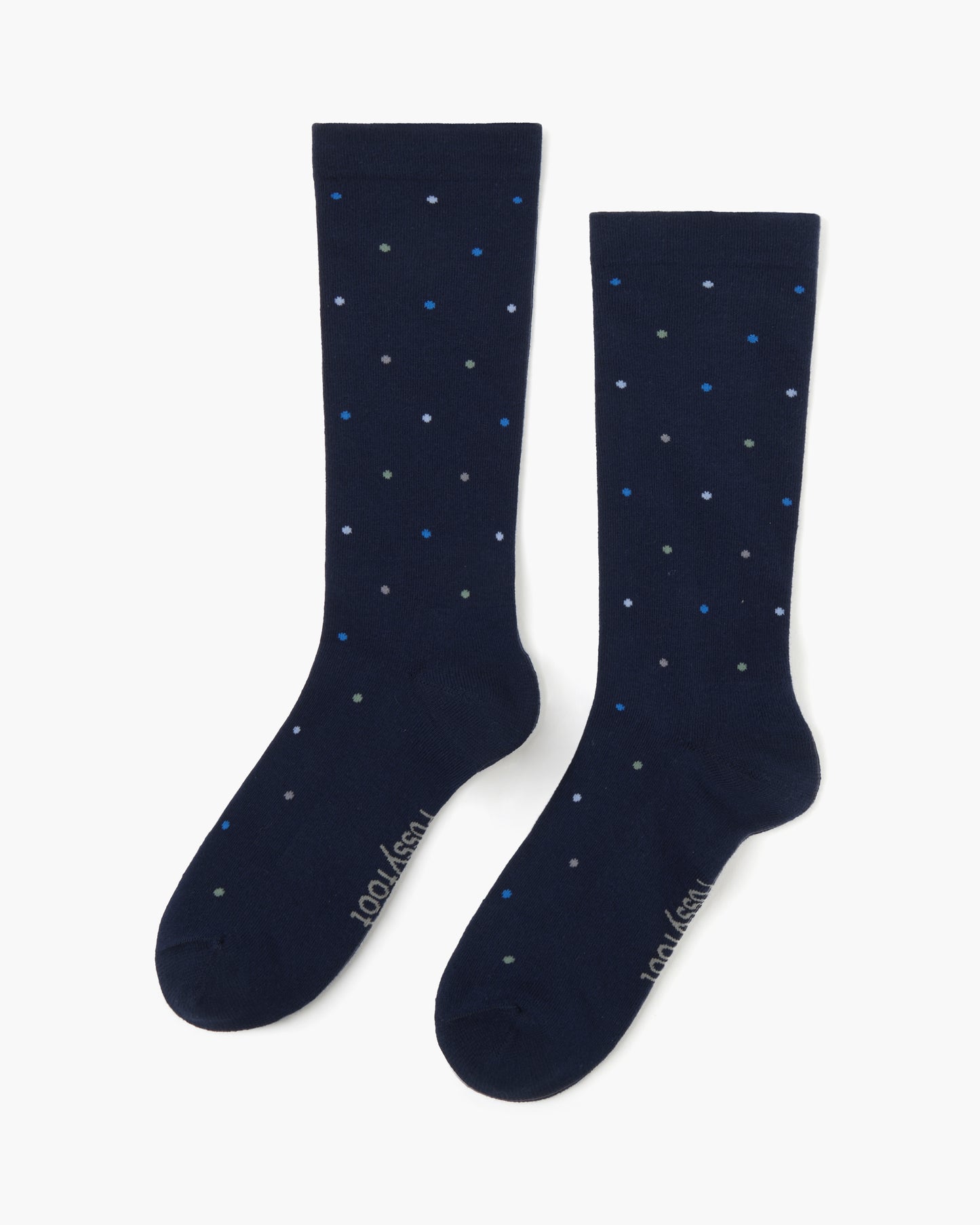navy crew sock with a pattern of small multicolored polka dots