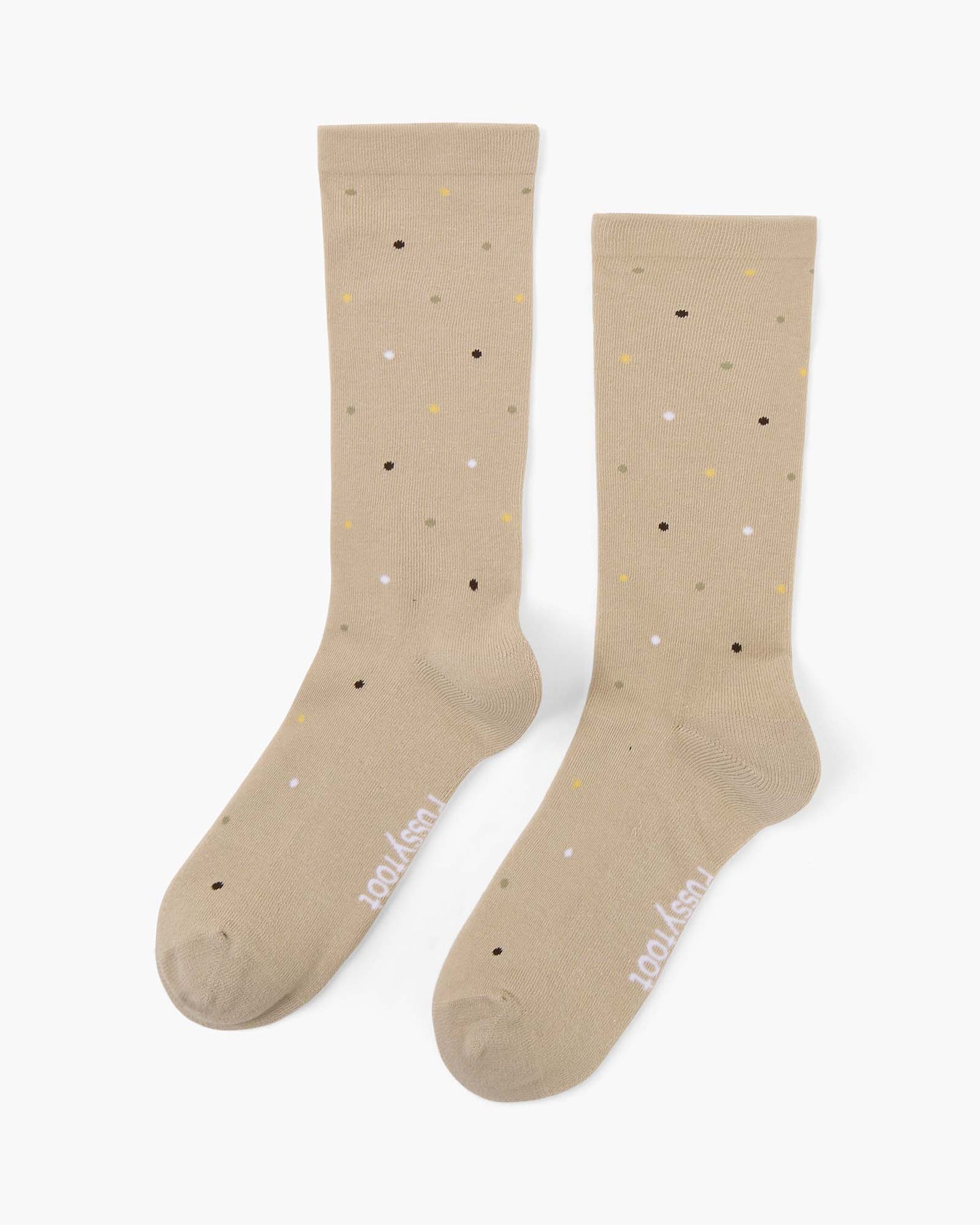 beige crew socks with a pattern of small multicolored polka dots
