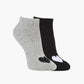 Two pairs of ankle socks, one black and one grey, with love heart print design 