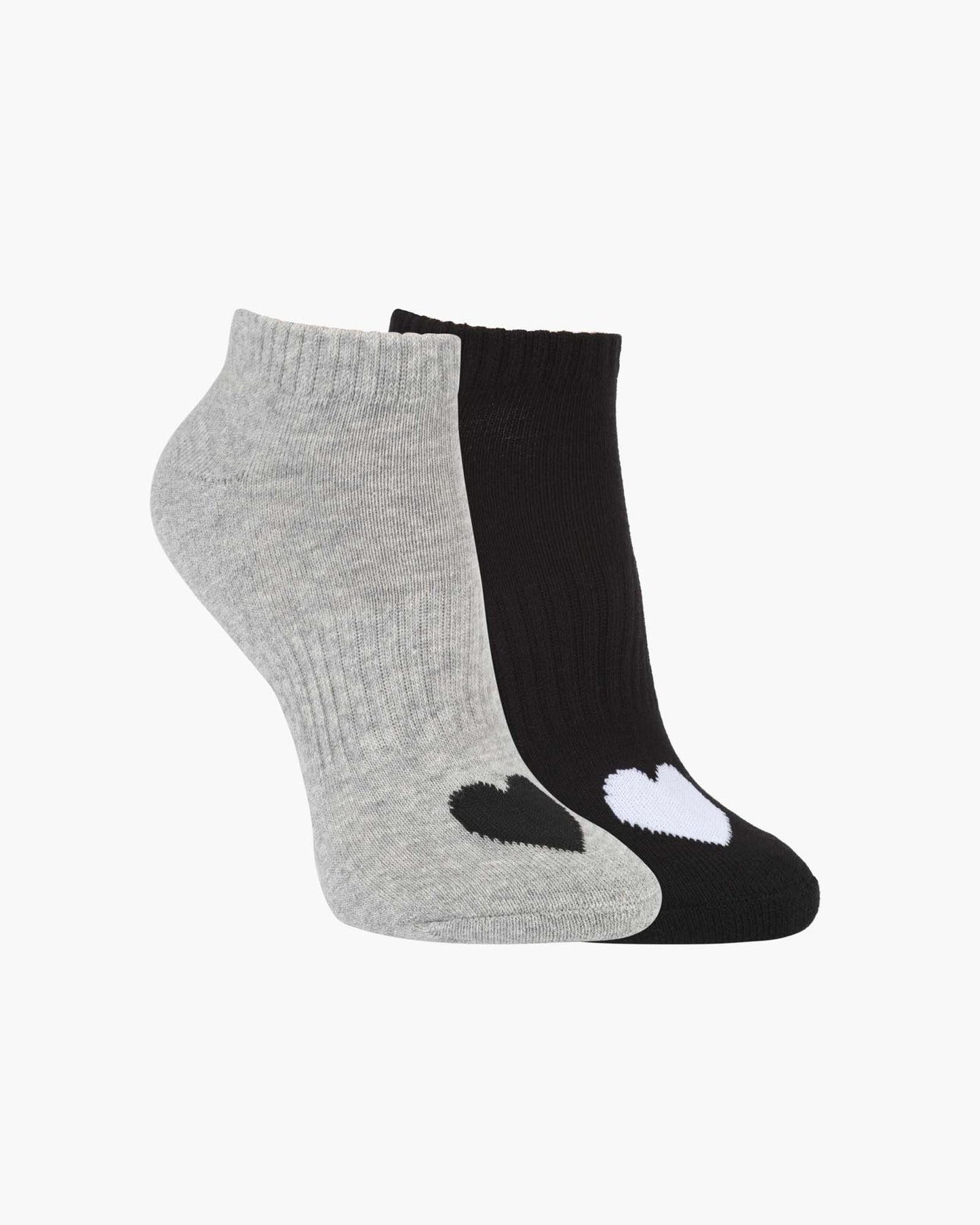 Two pairs of ankle socks, one black and one grey, with love heart print design 