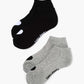 Two pairs of ankle socks, one black and one grey, with love heart print design 