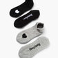 Two pairs of ankle socks, one black and one grey, with love heart print design 