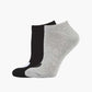 Two pairs of ankle socks, one black and one grey, with love heart print design 